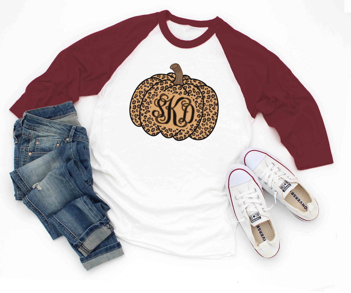 Leopard Monogram Pumpkin Fall Raglan Tee