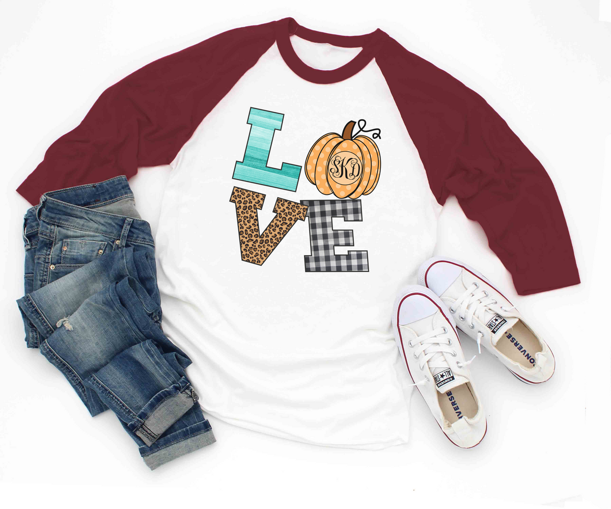 LOVE Pumpkin Monogram Fall Raglan Tee
