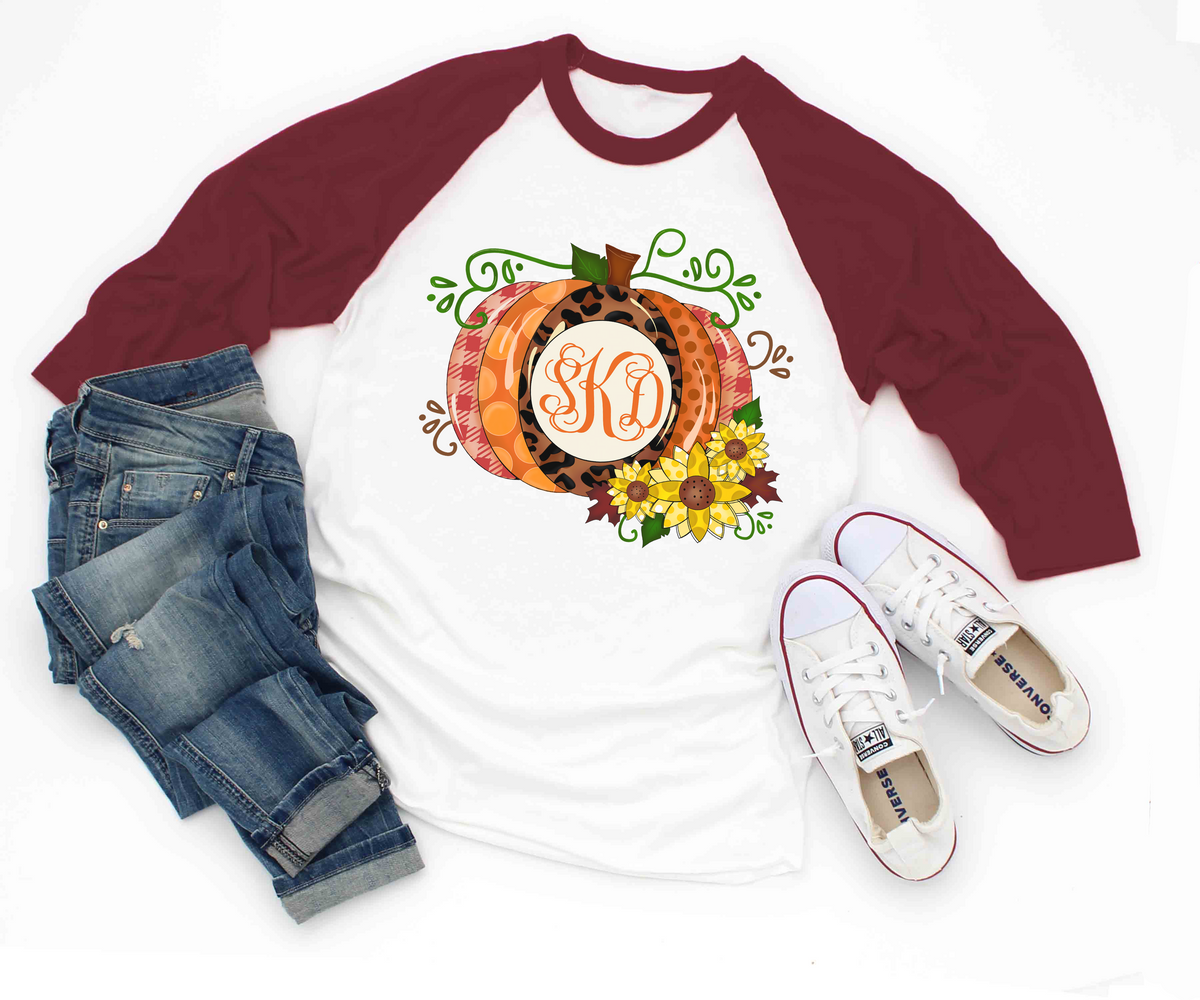 Monogram Pumpkin with Sunflower Fall Raglan Tee
