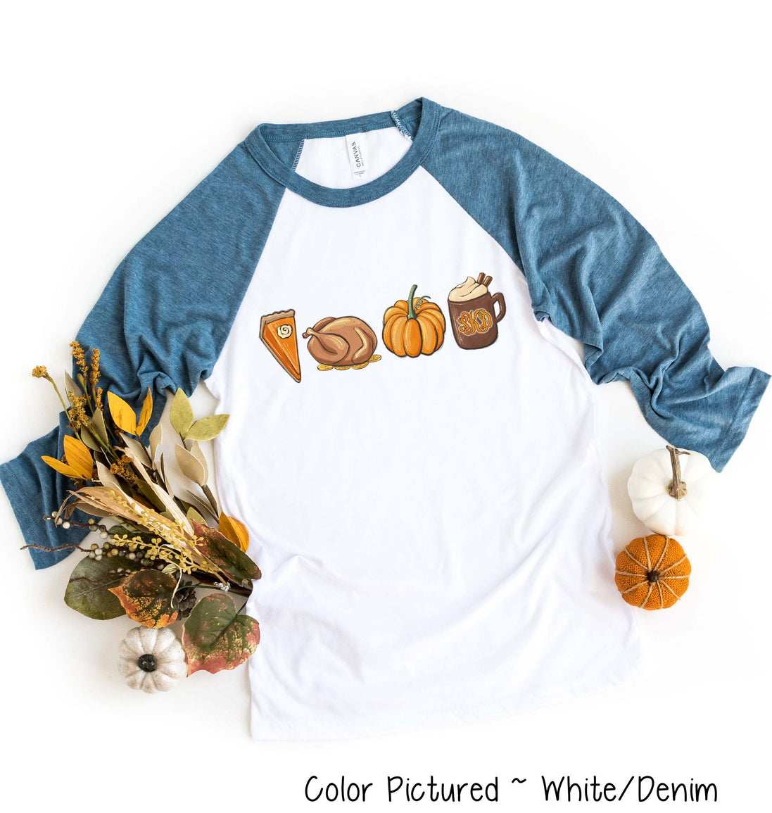 Monogram Pie Turkey Pumpkin Latte Thanksgiving Fall Raglan Tee