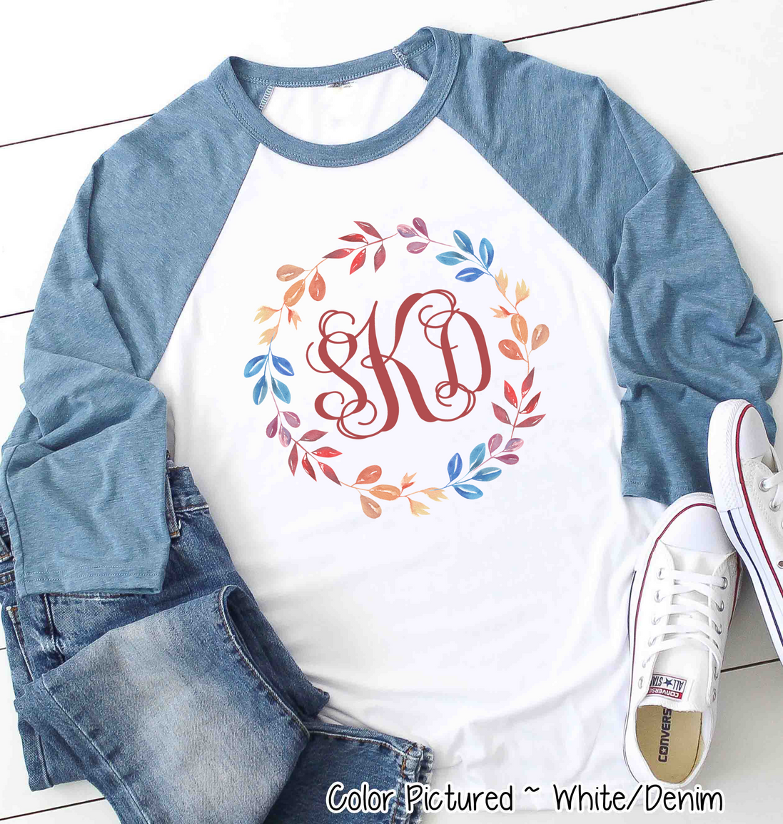 Monogram Watercolor Fall Leaf Wreath Raglan Tee