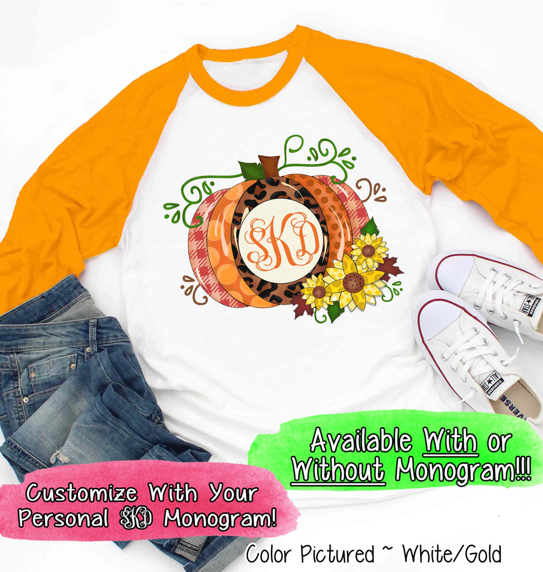 Monogram Pumpkin with Sunflower Fall Raglan Tee