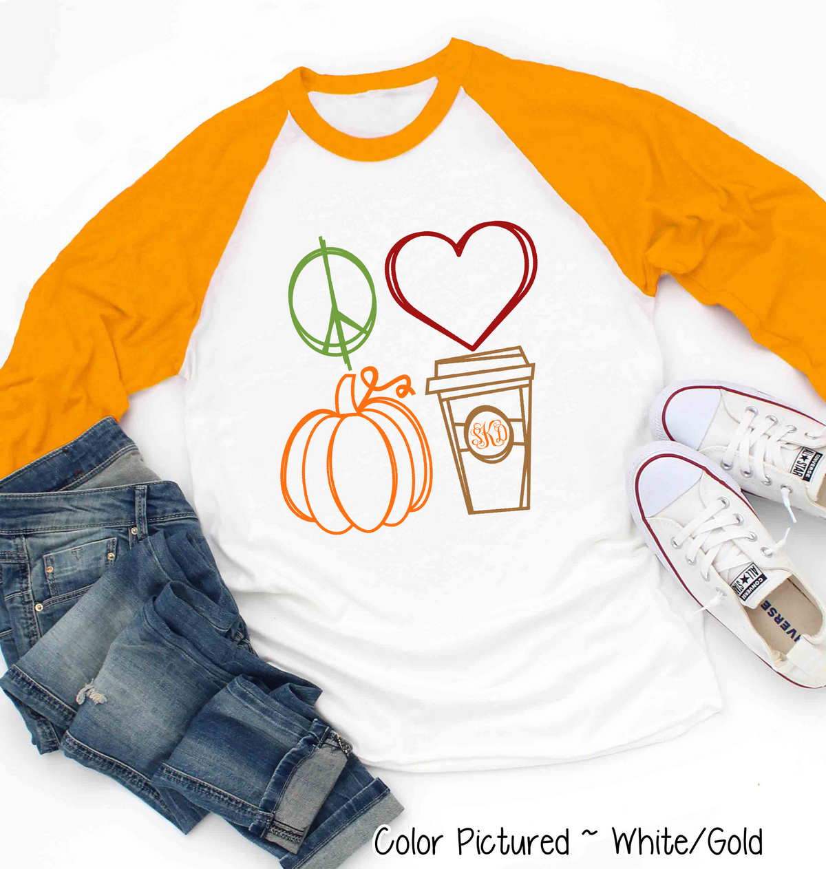 Peace Love Pumpkin Latte Monogram Fall Raglan Tee