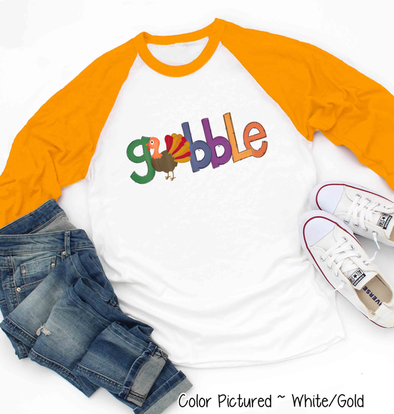 Orange, Blue, Purple Gobble with Turkey Raglan Tee