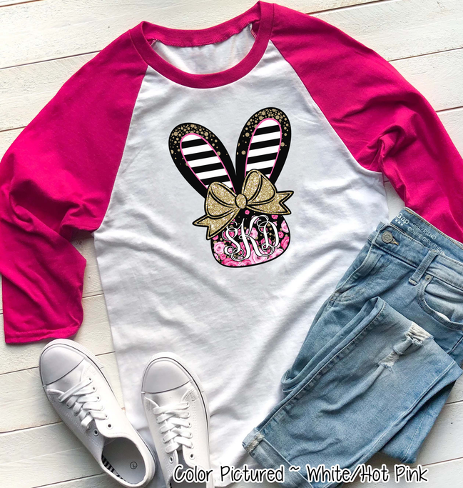 Monogram Black and Rose Bunny Head Easter Raglan Tee