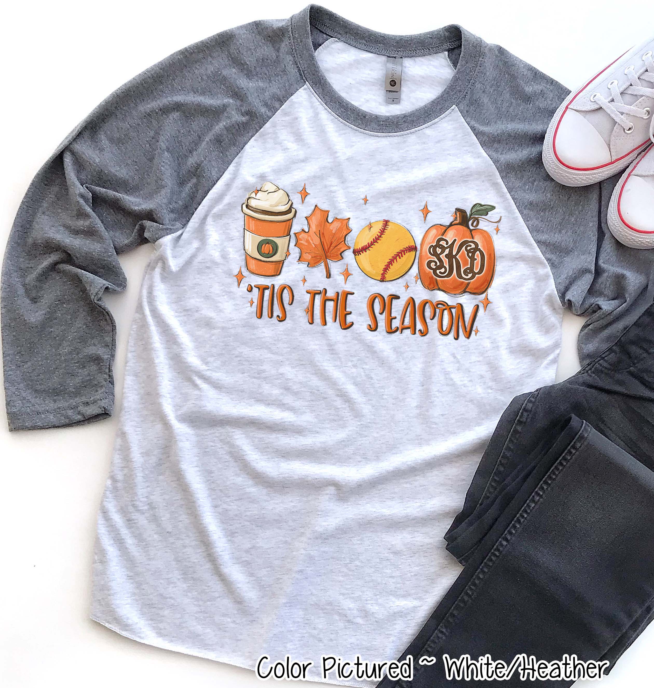 Monogram Tis The Season Latte Softball Pumpkin Fall Raglan Tee