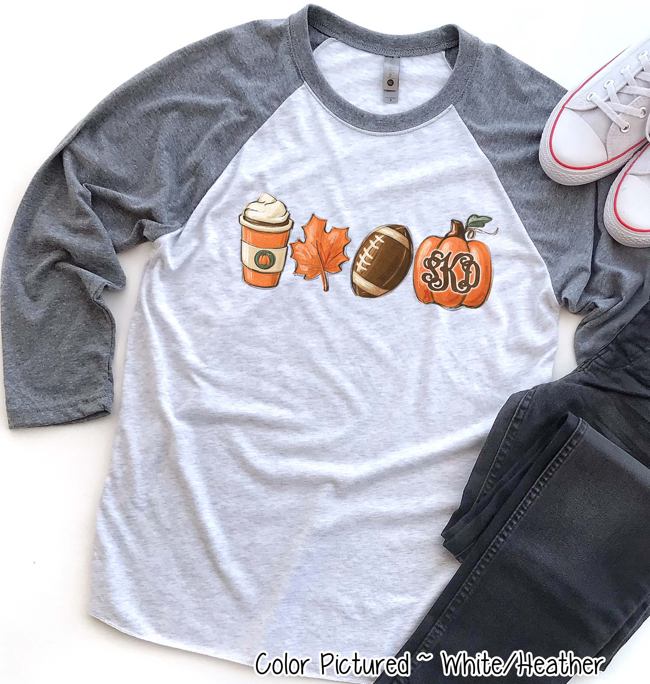 Monogram Latte Football Pumpkin Fall Raglan Tee
