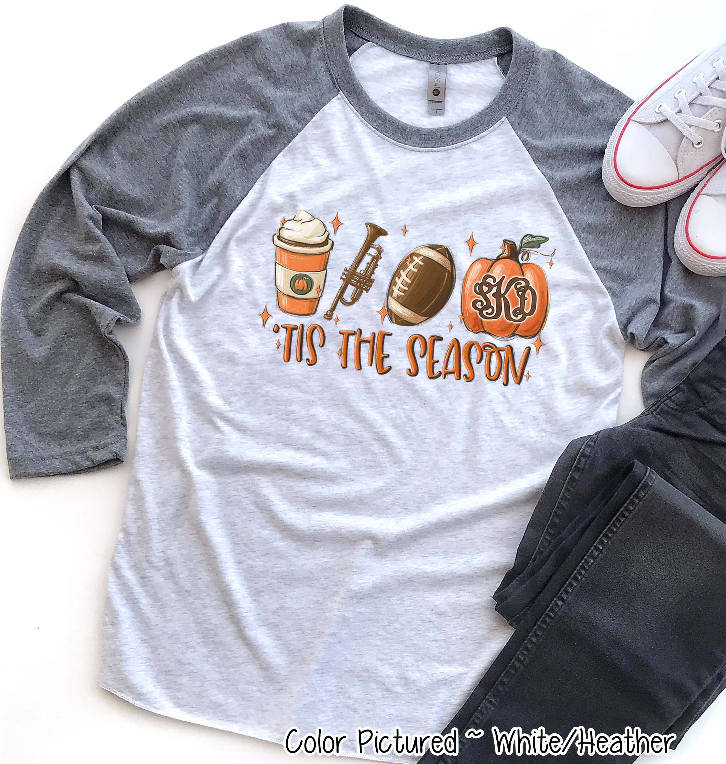 Monogram Tis The Season Latte Trumpet Football Fall Raglan Tee