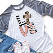 Monogram Leopard Rose Gold LOVE Cross Raglan Tee