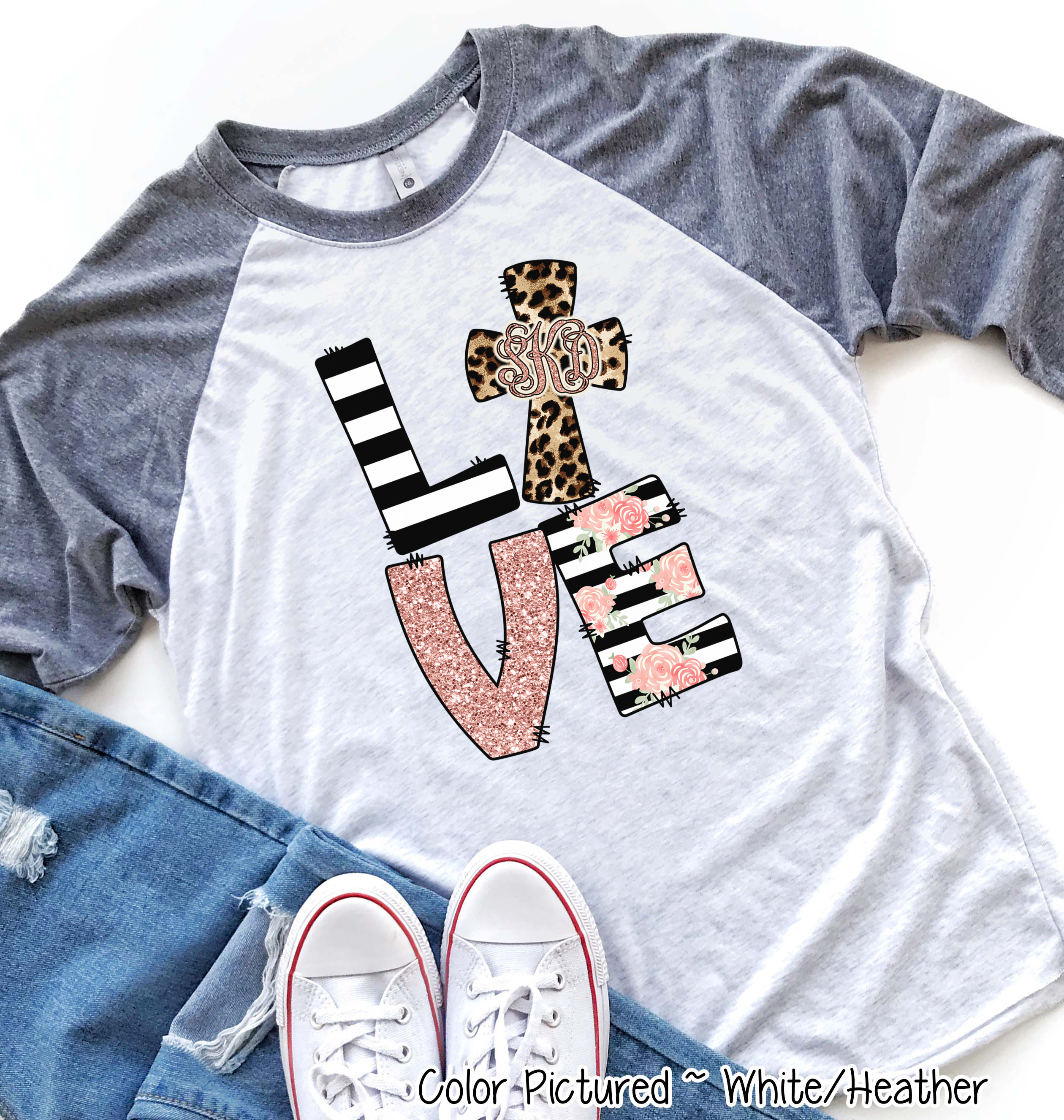 Monogram Leopard Rose Gold LOVE Cross Raglan Tee