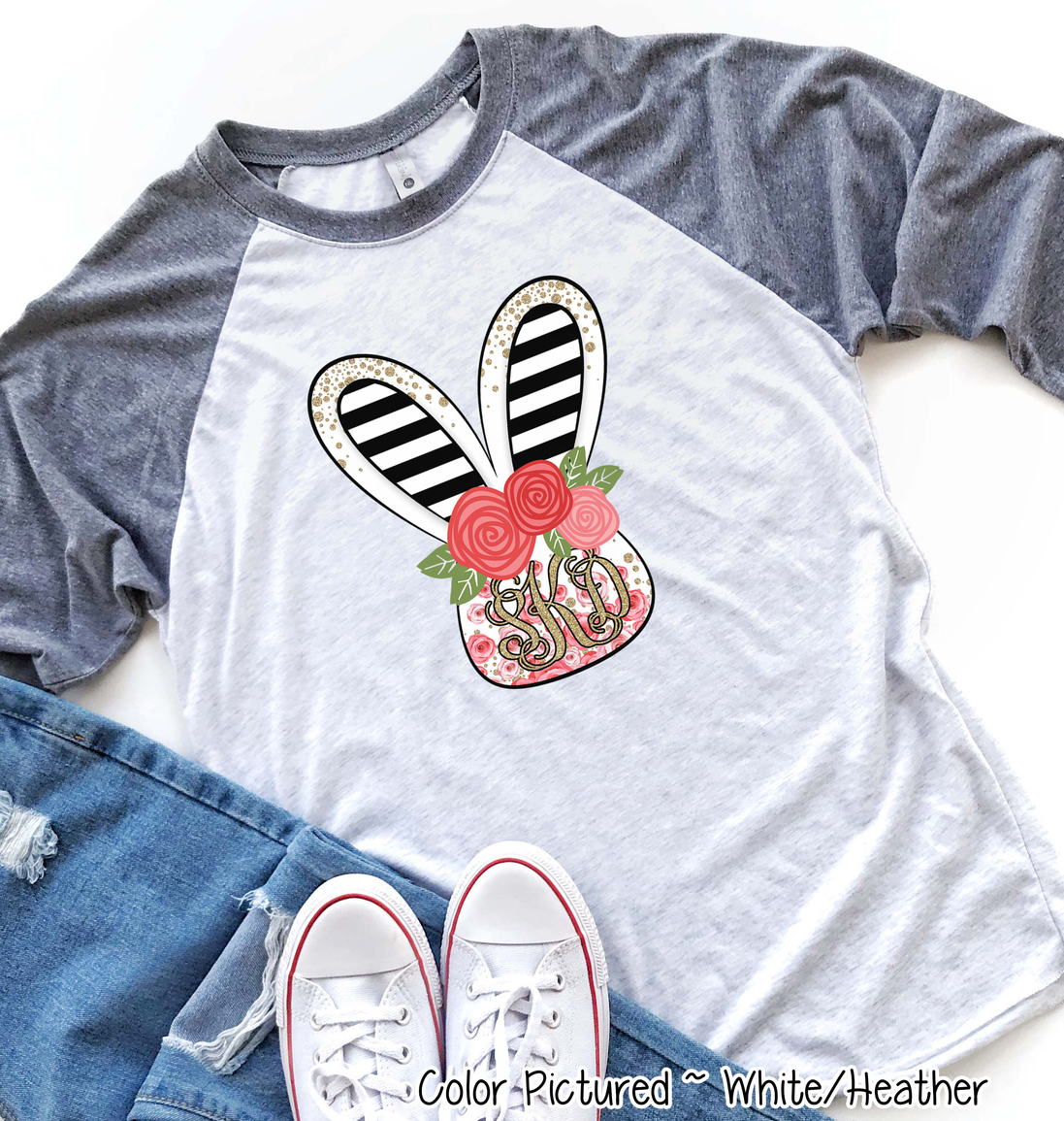 Monogram Rose and Black Bunny Head Easter Raglan Tee