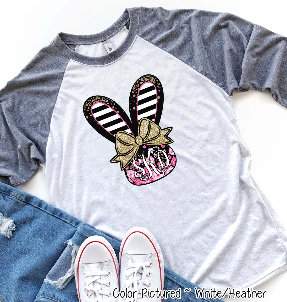 Monogram Black and Rose Bunny Head Easter Raglan Tee