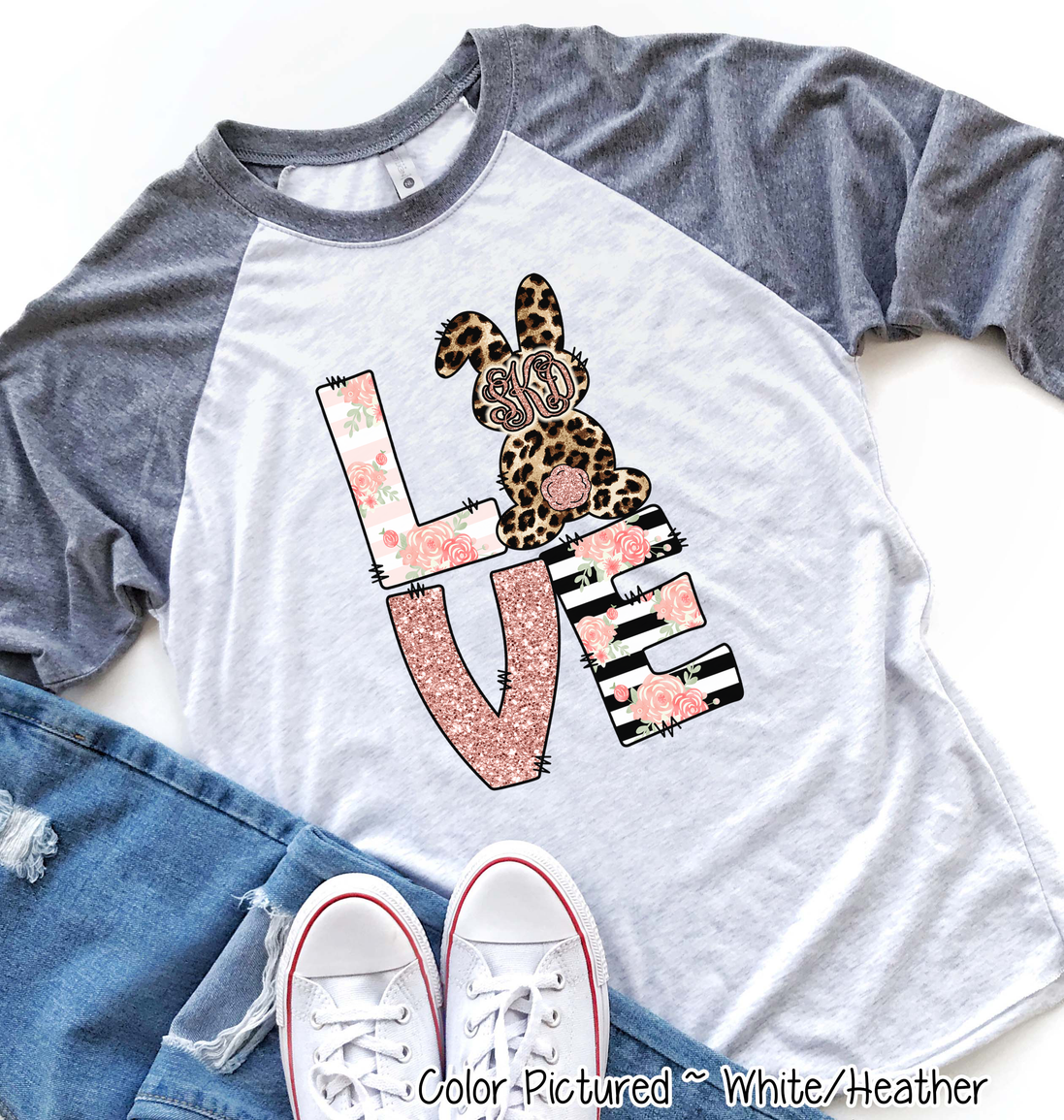 Monogram Leopard Rose Gold LOVE Bunny Raglan Tee