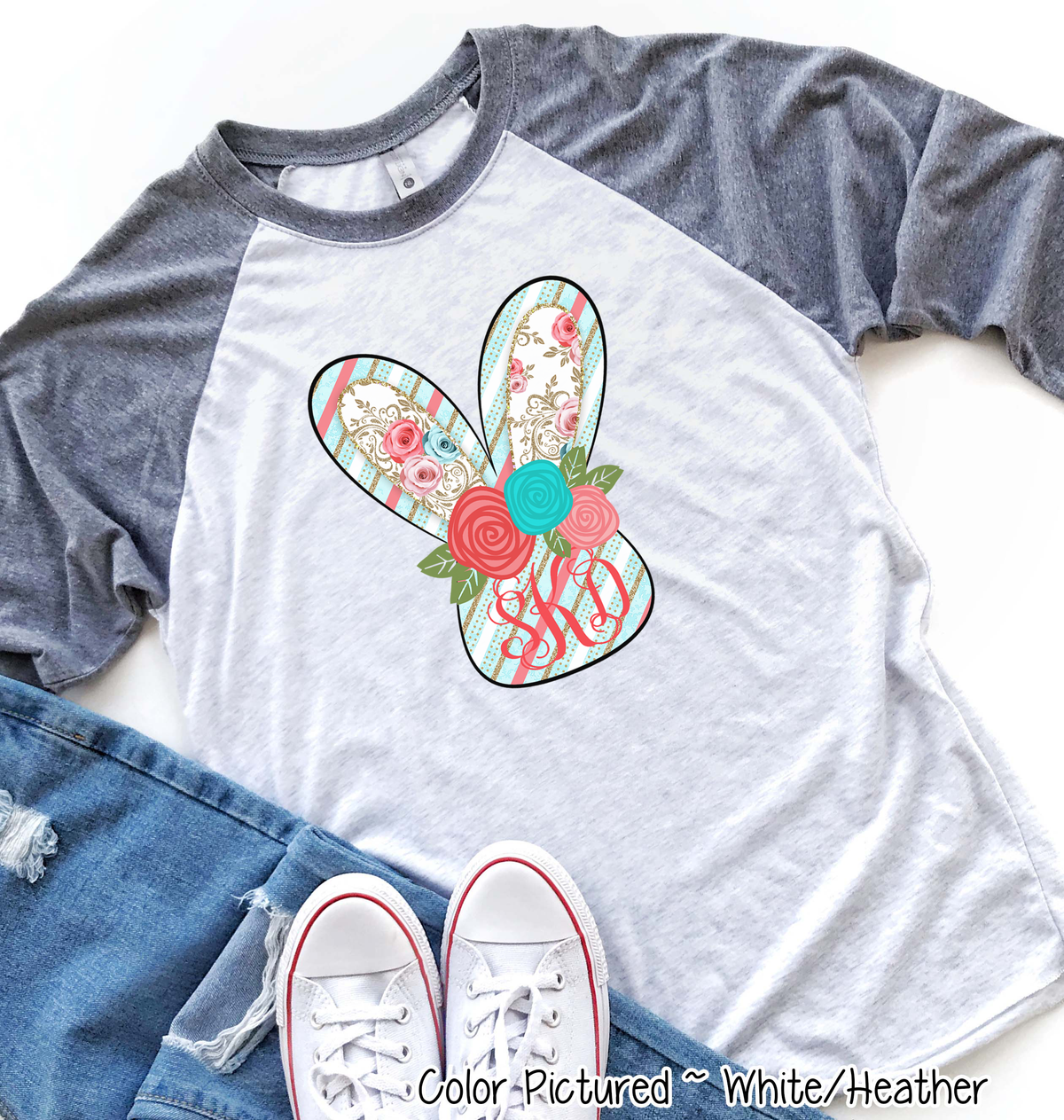 Monogram Blue and Rose Bunny Head Easter Raglan Tee