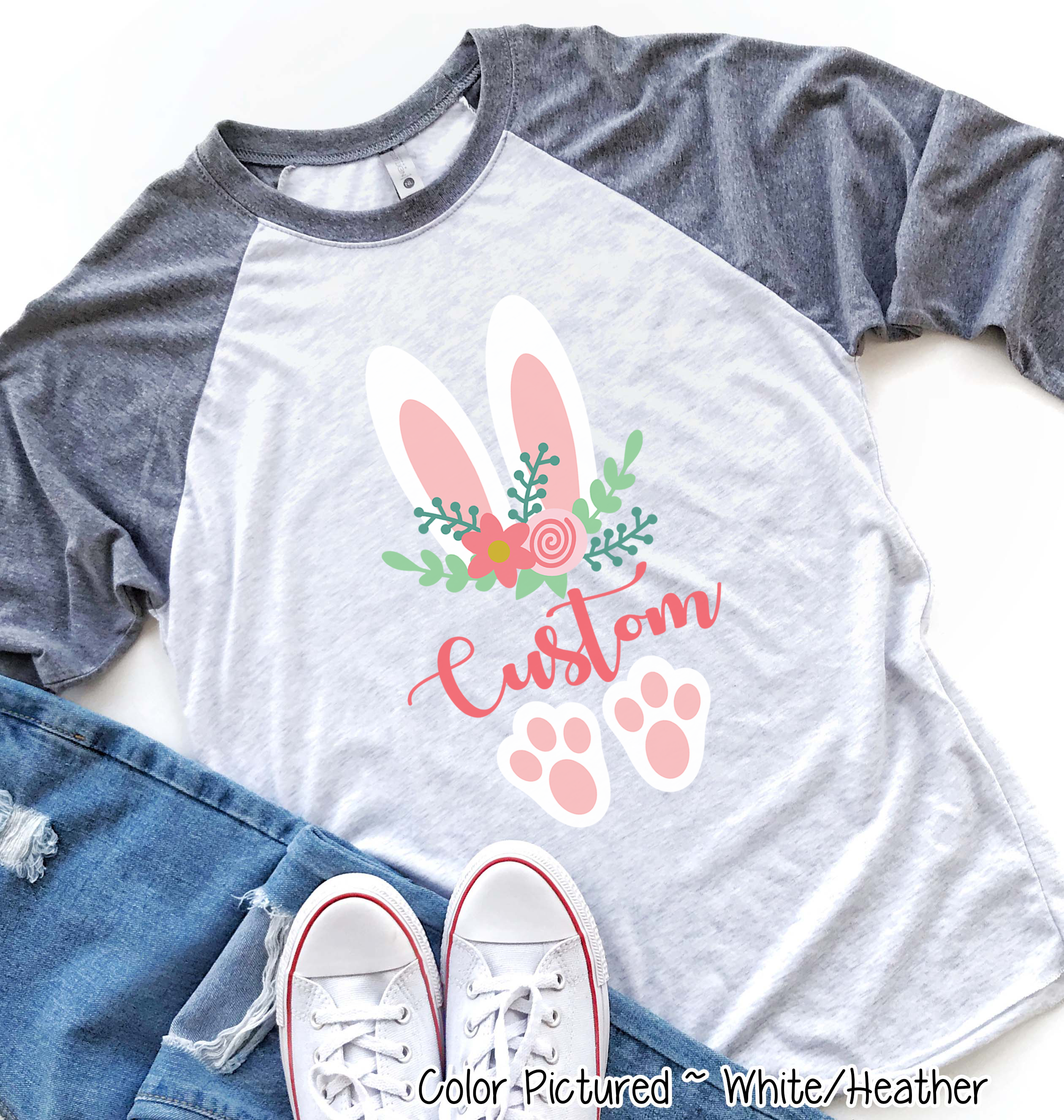 Floral Bunny Ears & Feet with Custom Name Easter Raglan Tee