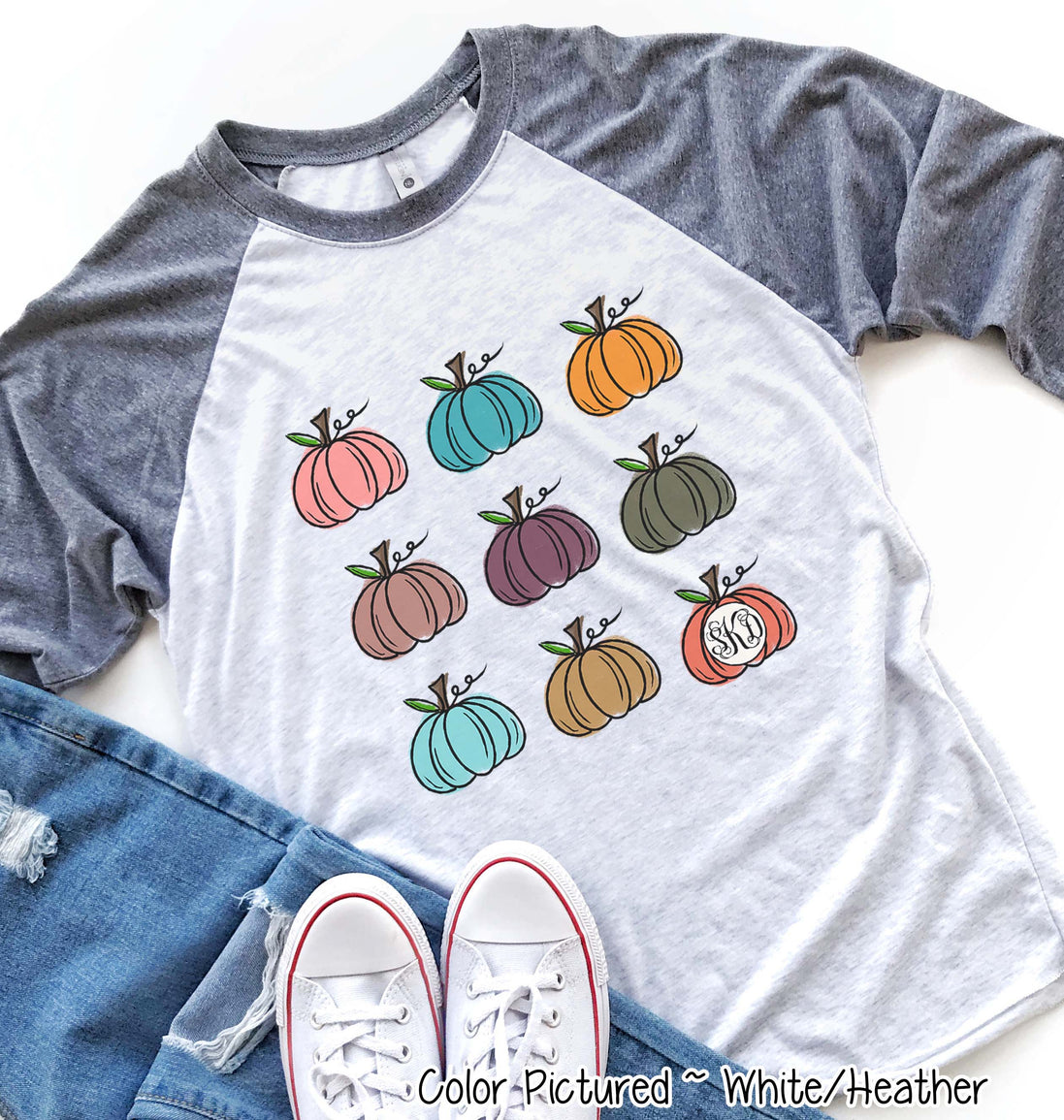 Monogram Watercolor Pumpkins Fall Raglan Tee
