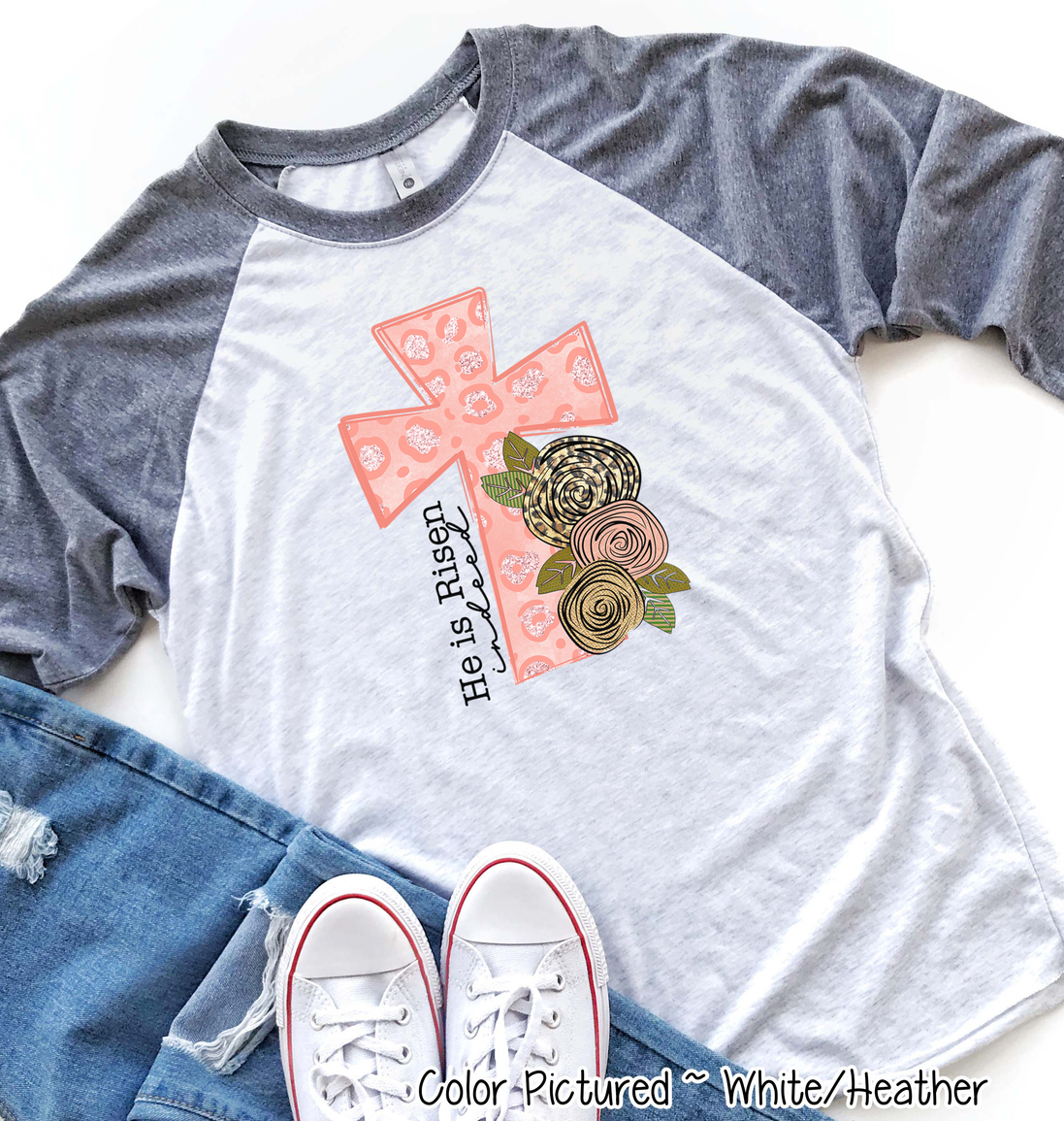 He Is Risen Pink Leopard Cross Easter Raglan Tee
