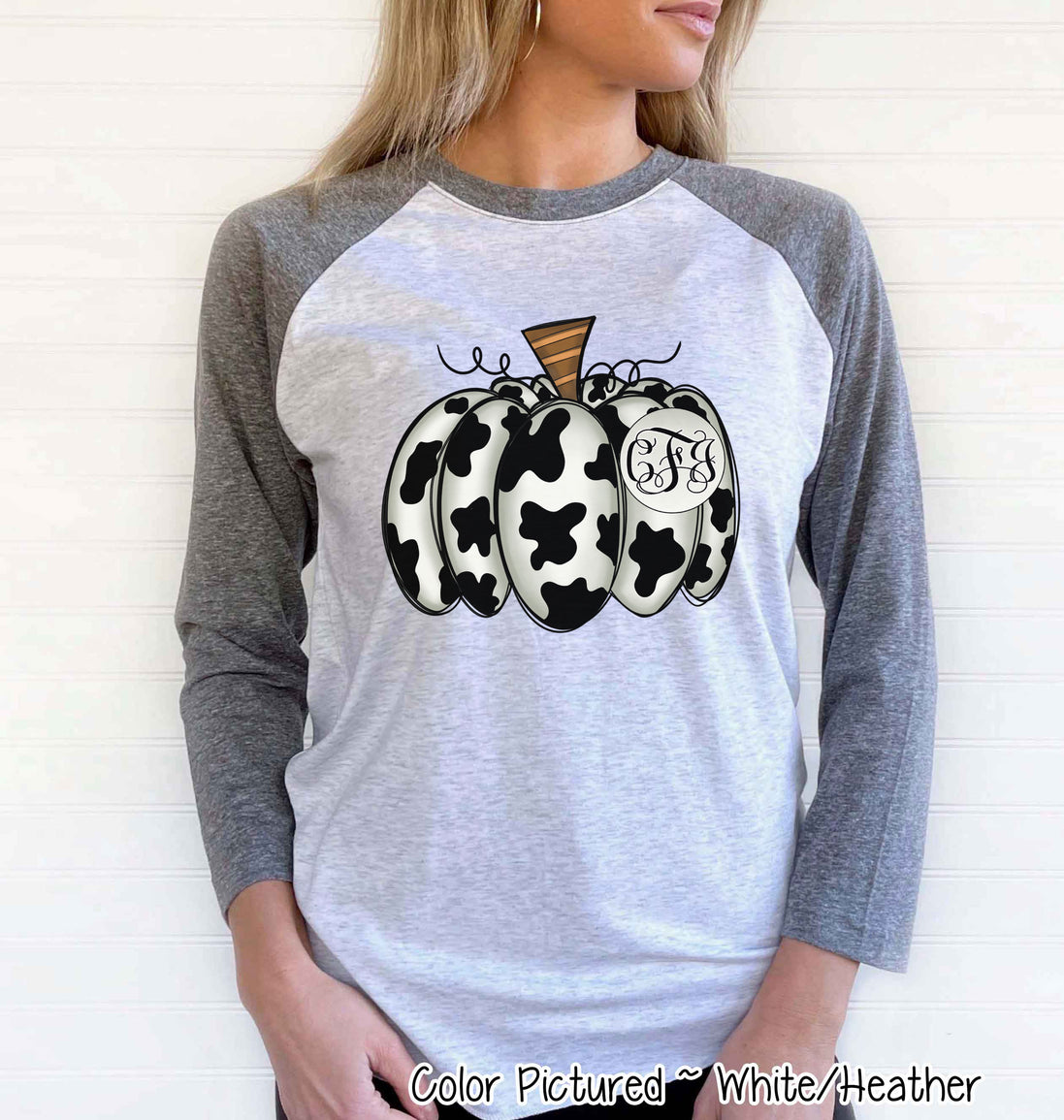 Monogram Cow Hide Pumpkin Fall Raglan Tee