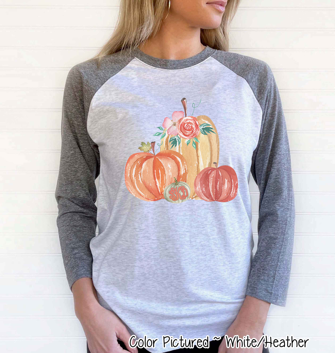 Monogram Watercolor Pumpkin Fall Raglan Tee