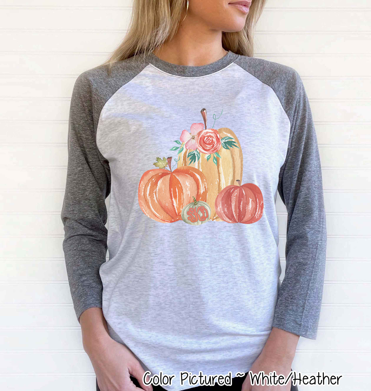 Monogram Watercolor Pumpkin Fall Raglan Tee