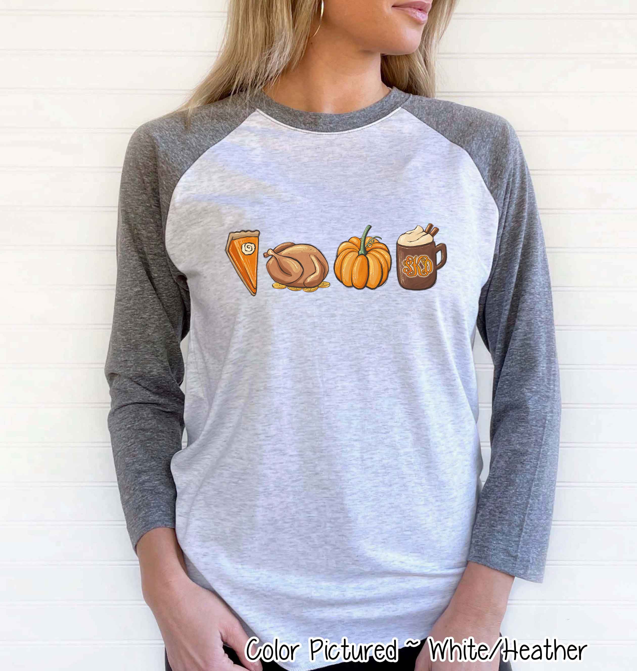 Monogram Pie Turkey Pumpkin Latte Thanksgiving Fall Raglan Tee