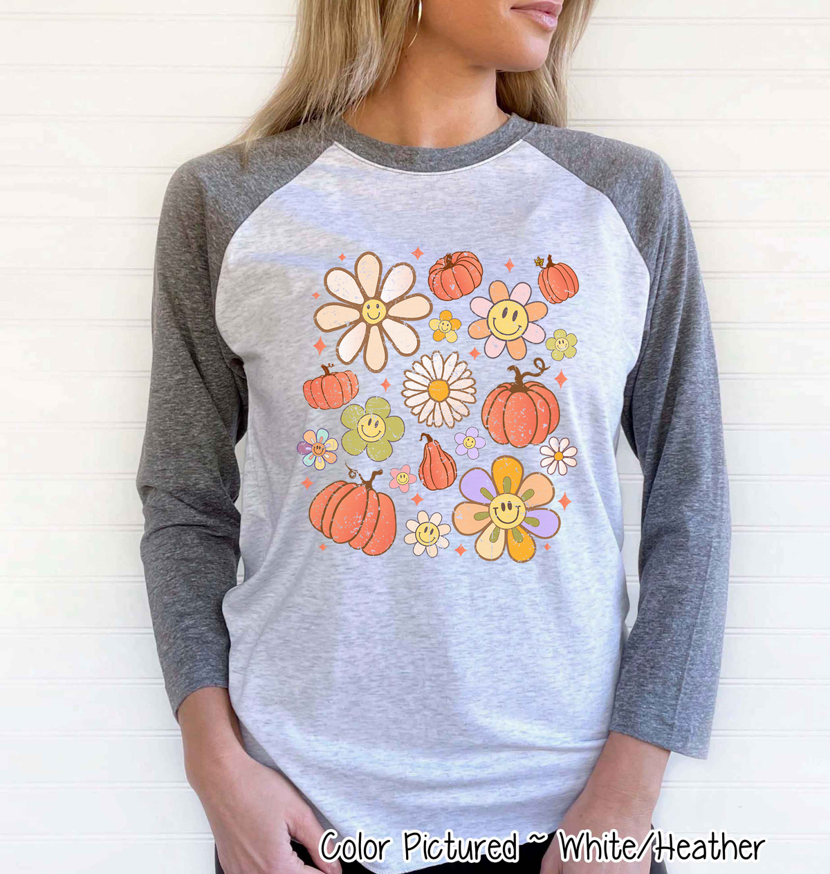 Retro Pumpkins & Daisys Scatter Fall Raglan Tee