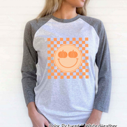 Retro Smile Pumpkin Checkerboard Fall Raglan Tee