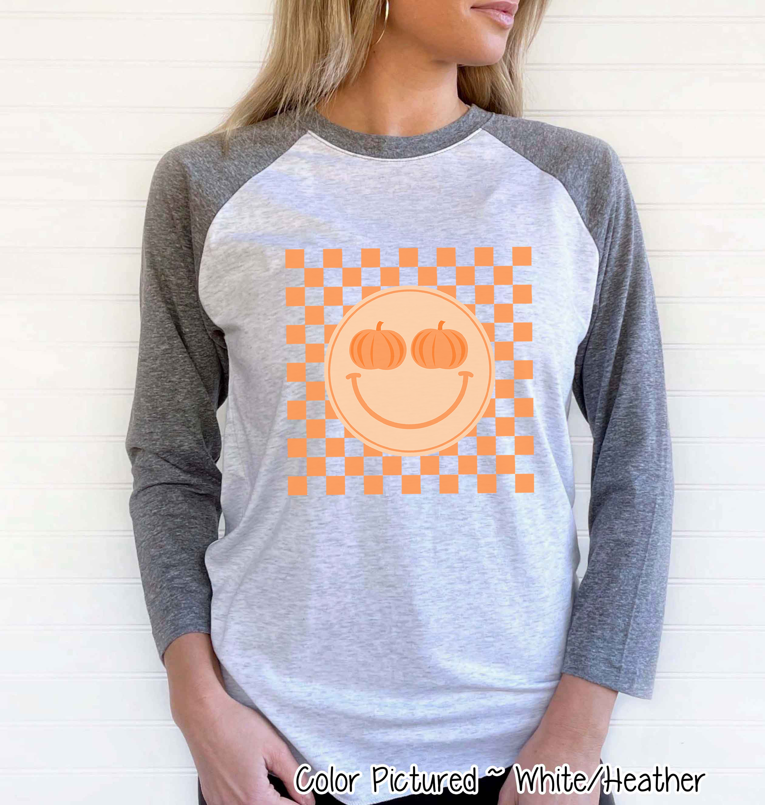 Retro Smile Pumpkin Checkerboard Fall Raglan Tee