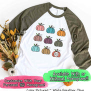 Monogram Watercolor Pumpkins Fall Raglan Tee