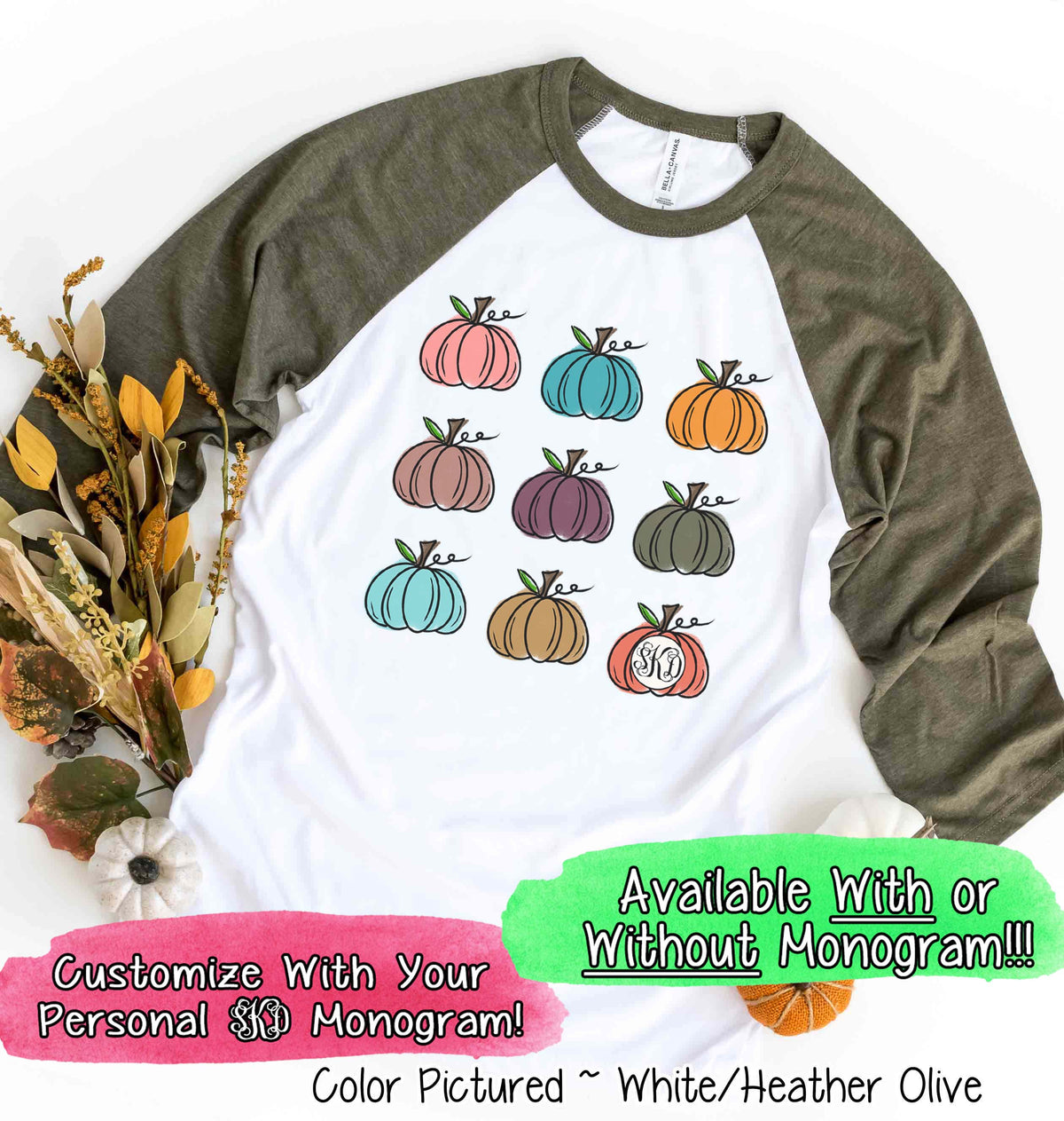 Monogram Watercolor Pumpkins Fall Raglan Tee