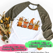 Monogram Gnome Pumpkin Spice Latte Coffee Fall Raglan Tee