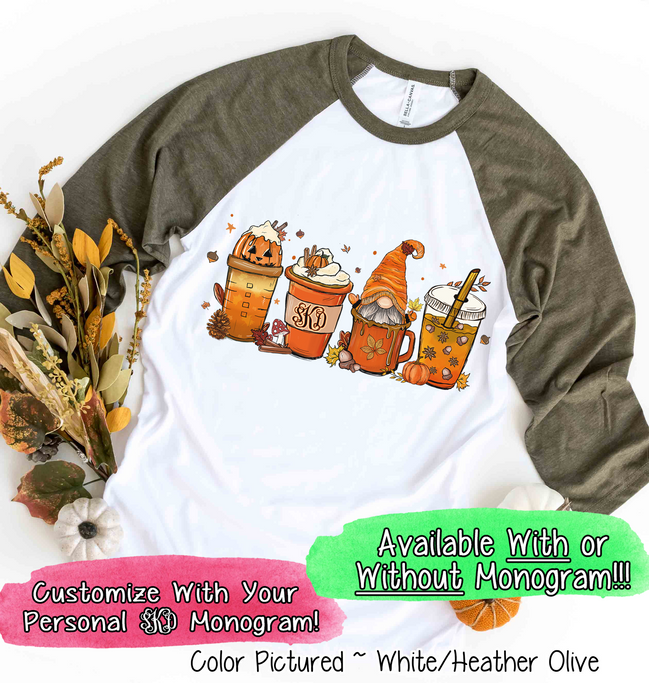 Monogram Gnome Pumpkin Spice Latte Coffee Fall Raglan Tee