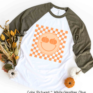 Retro Smile Pumpkin Checkerboard Fall Raglan Tee