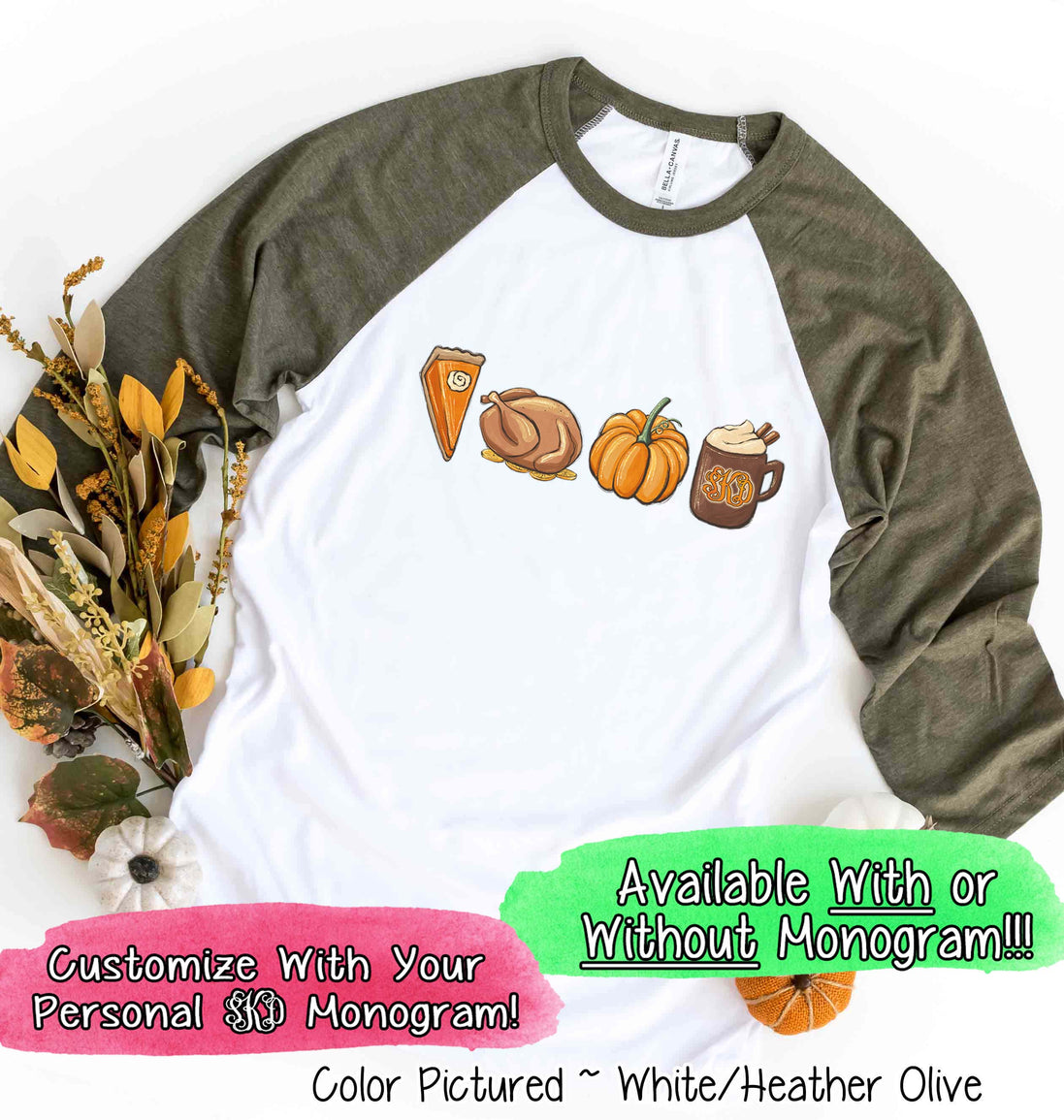 Monogram Pie Turkey Pumpkin Latte Thanksgiving Fall Raglan Tee