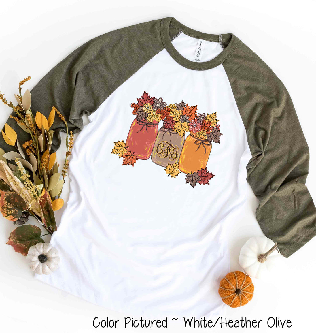 Monogram Autumn Leaves Mason Jars Fall Raglan Tee