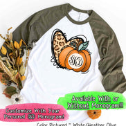 Leopard Heart and Fall Monogram Pumpkin Raglan Tee