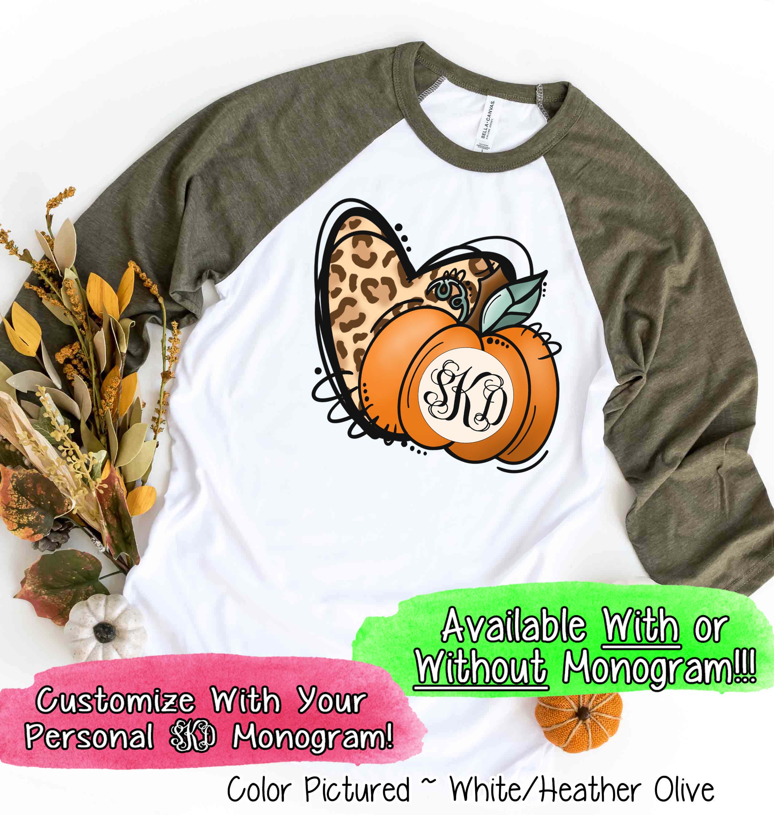 Leopard Heart and Fall Monogram Pumpkin Raglan Tee