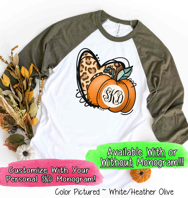 Leopard Heart and Fall Monogram Pumpkin Raglan Tee