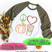Peace Love Pumpkin Latte Monogram Fall Raglan Tee