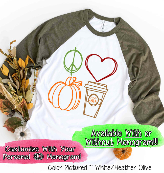 Peace Love Pumpkin Latte Monogram Fall Raglan Tee