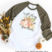 In All Things Give Thanks Pink Floral Pumpkin Raglan Tee