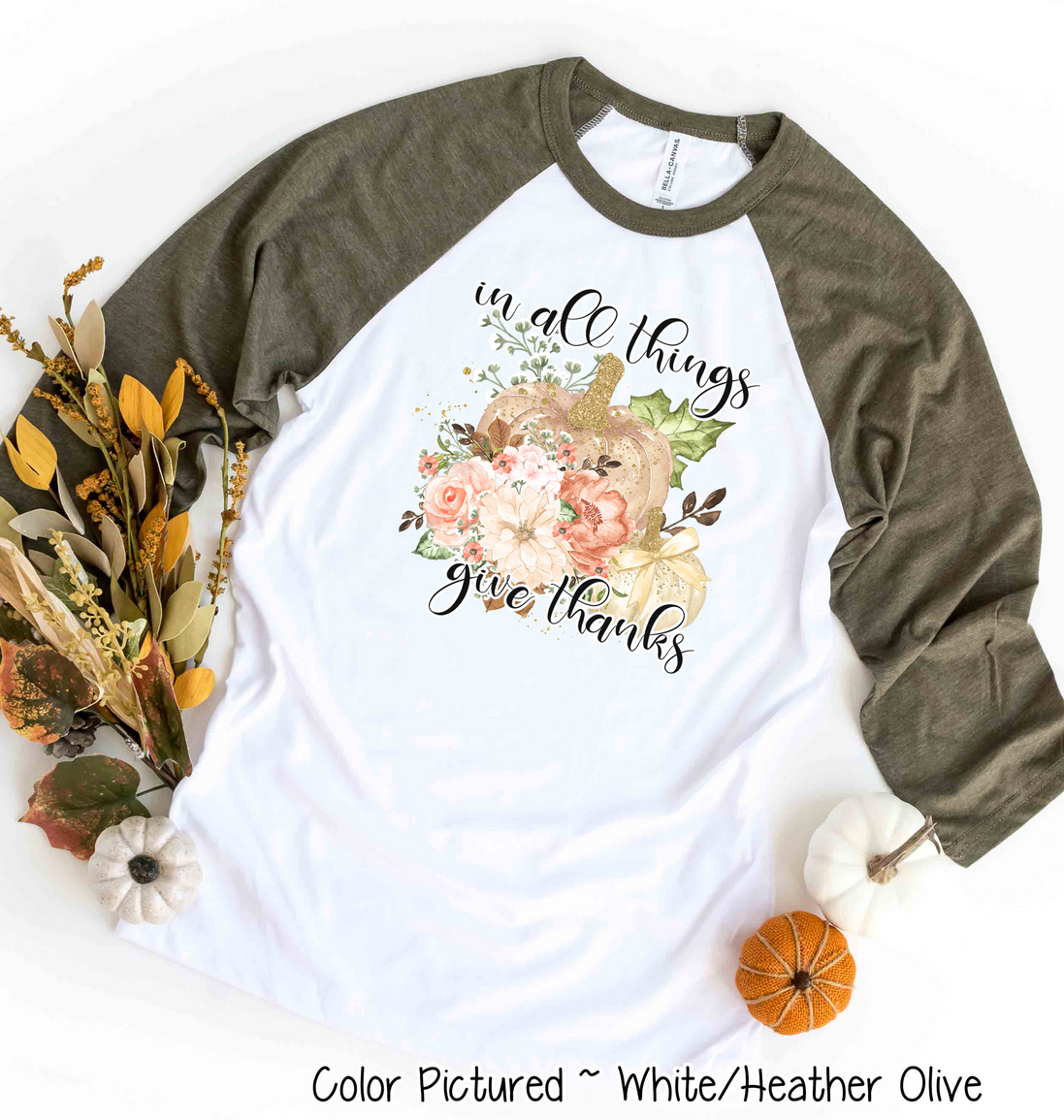 In All Things Give Thanks Pink Floral Pumpkin Raglan Tee