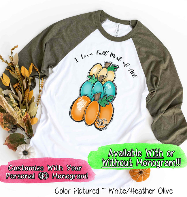 I Love Fall Stack of Monogram Pumpkins Raglan Tee