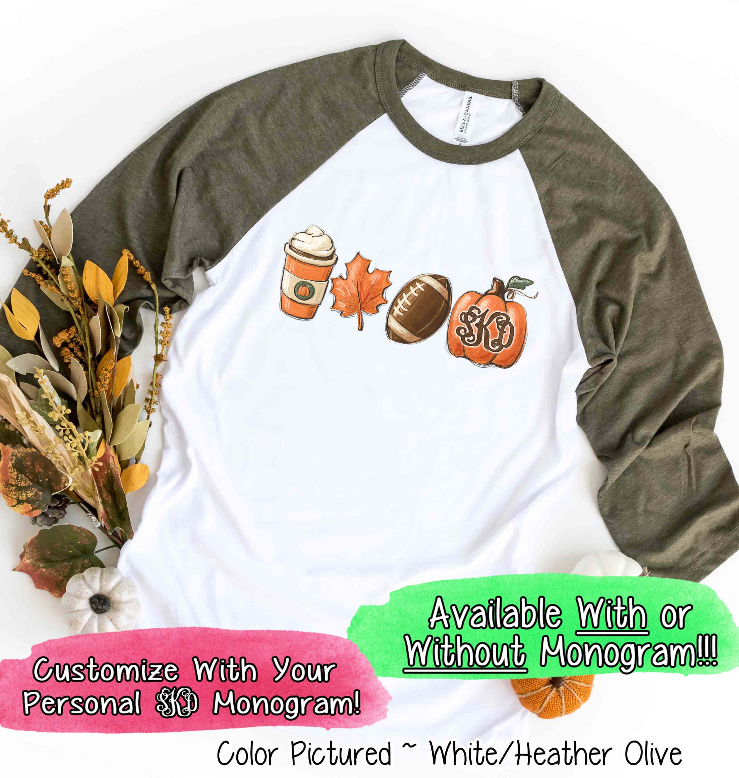 Monogram Latte Football Pumpkin Fall Raglan Tee