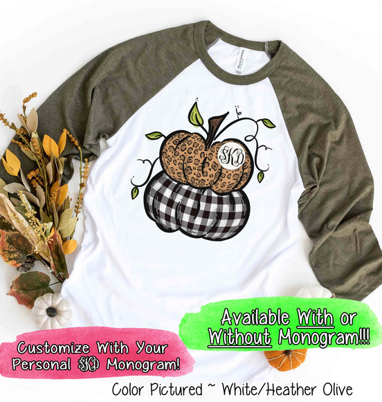 Leopard & Black Plaid Stacked Monogram Pumpkins Raglan Tee