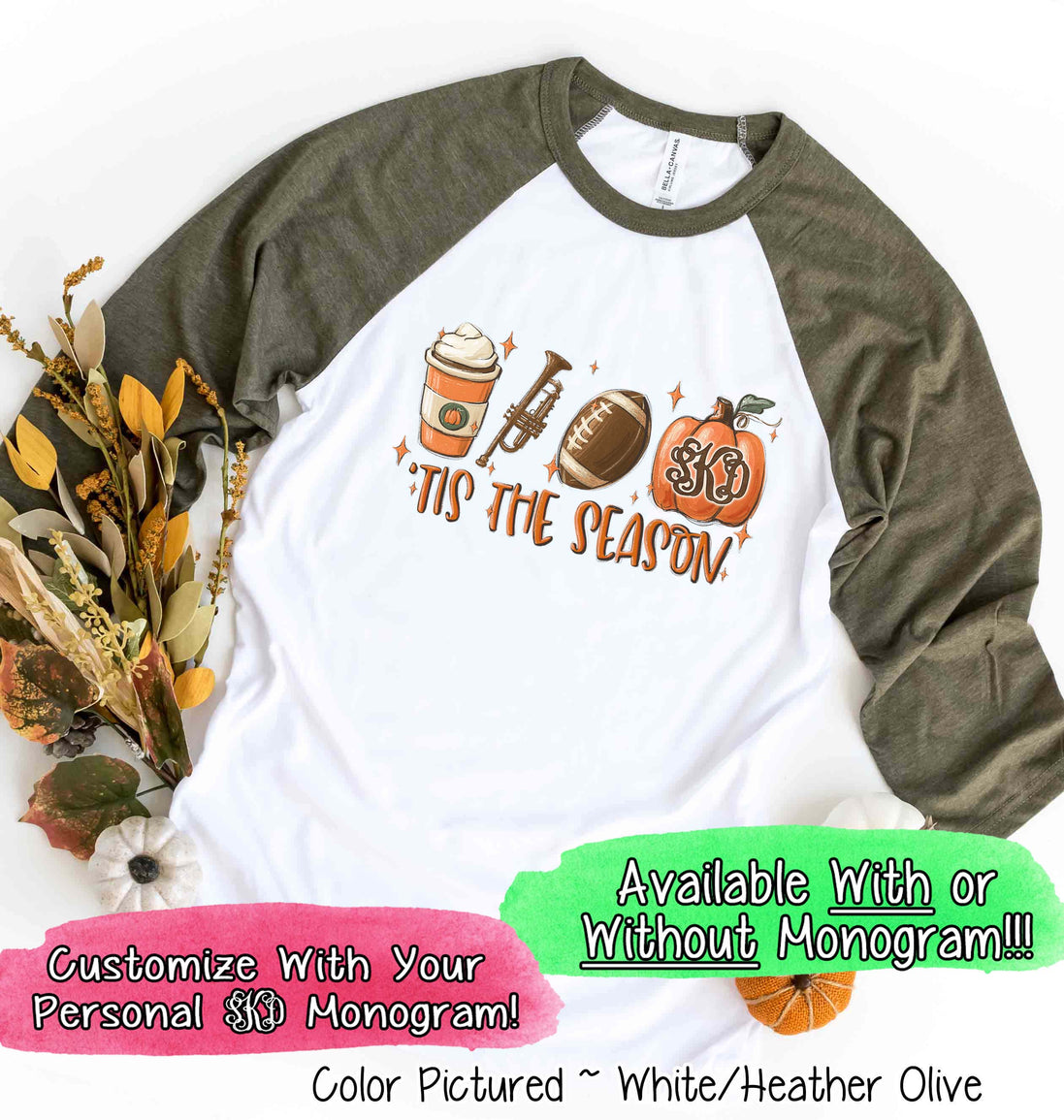 Monogram Tis The Season Latte Trumpet Football Fall Raglan Tee