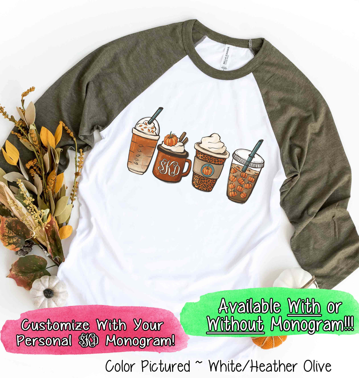 Monogram Pumkin Spice Latte Coffee Fall Raglan Tee