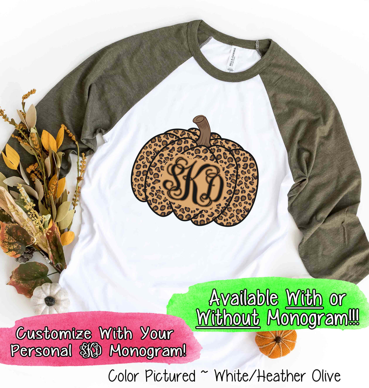 Leopard Monogram Pumpkin Fall Raglan Tee