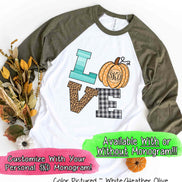 LOVE Pumpkin Monogram Fall Raglan Tee