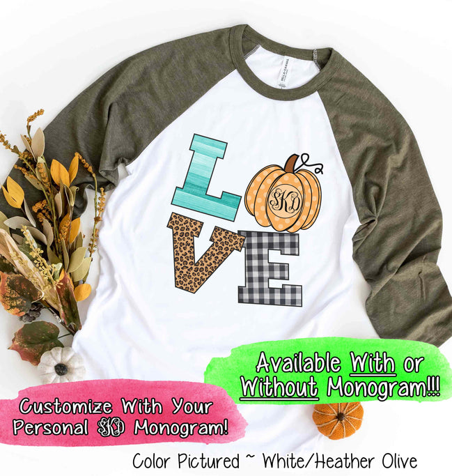 LOVE Pumpkin Monogram Fall Raglan Tee